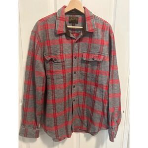 Lucky Brand Mens L G Gray Red Plaid Flannel Shirt Classic Fit Saturday Stretch